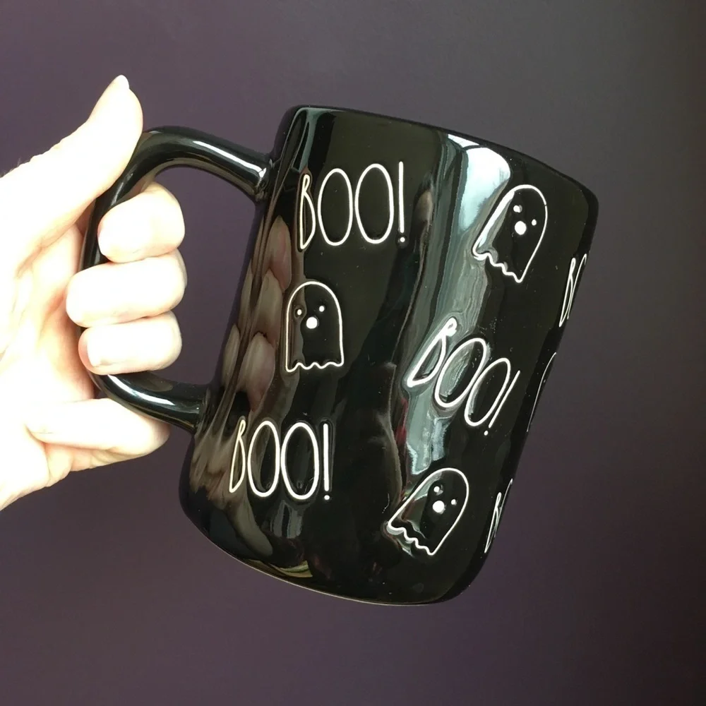 Rae Dunn Ghost and BOO! Coffee Mug, Black, White, 16 oz